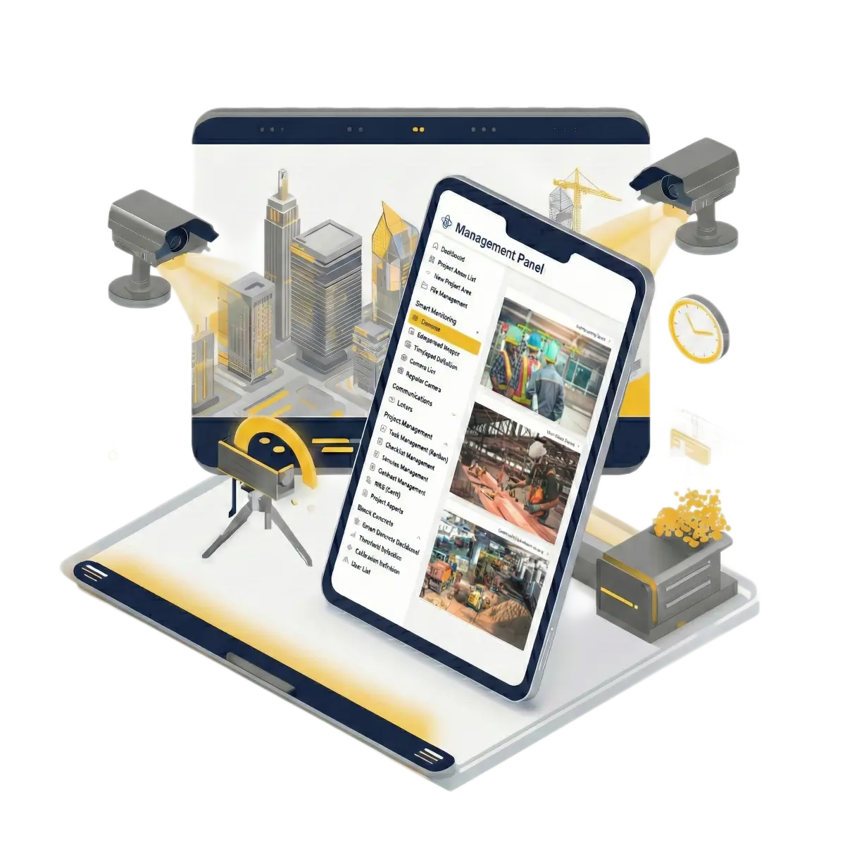 Real-time construction site surveillance and CCTV monitoring interface on Jobsite Master tablet app.