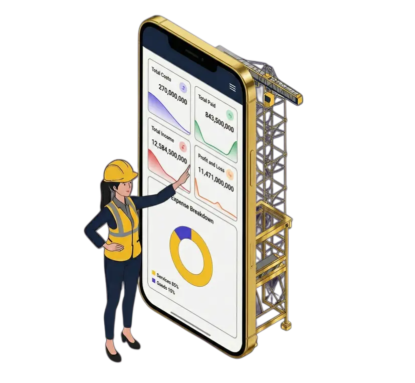 Mobile dashboard for construction cost management showing total costs, income, and profit loss charts.