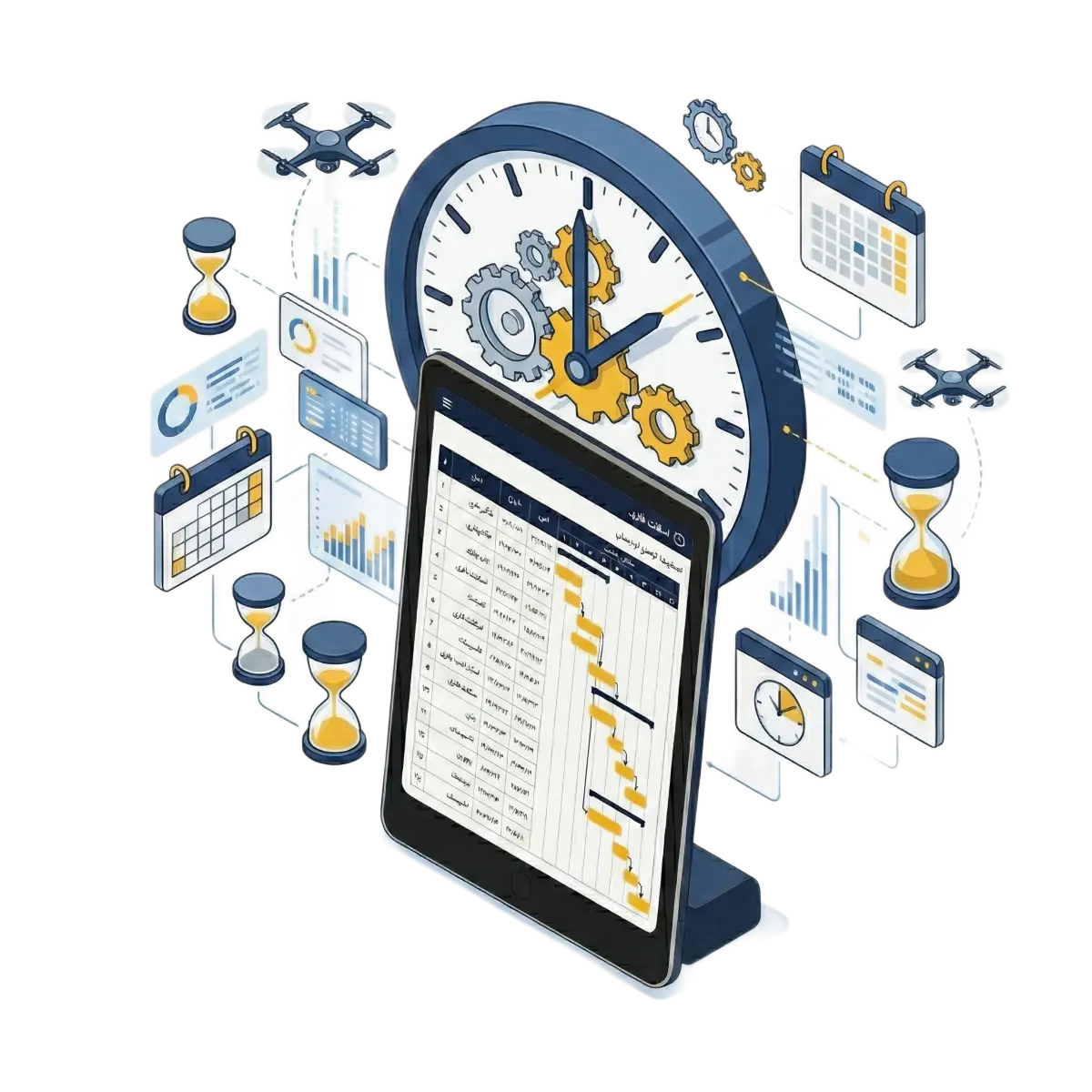 Construction project scheduling using interactive Gantt chart on tablet with time management tools.