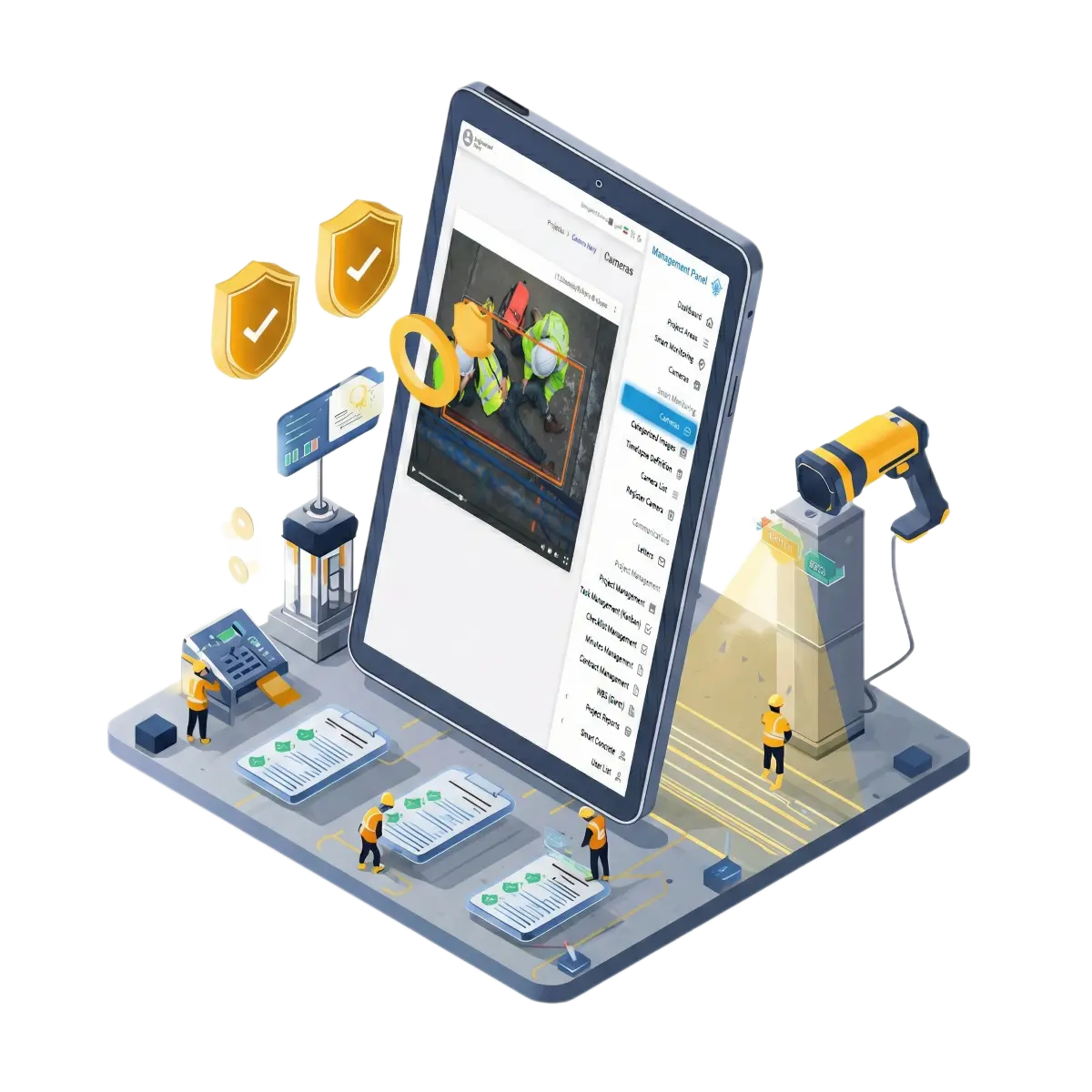 Construction site HSE safety monitoring dashboard on tablet detecting worker incidents and managing safety checklists.