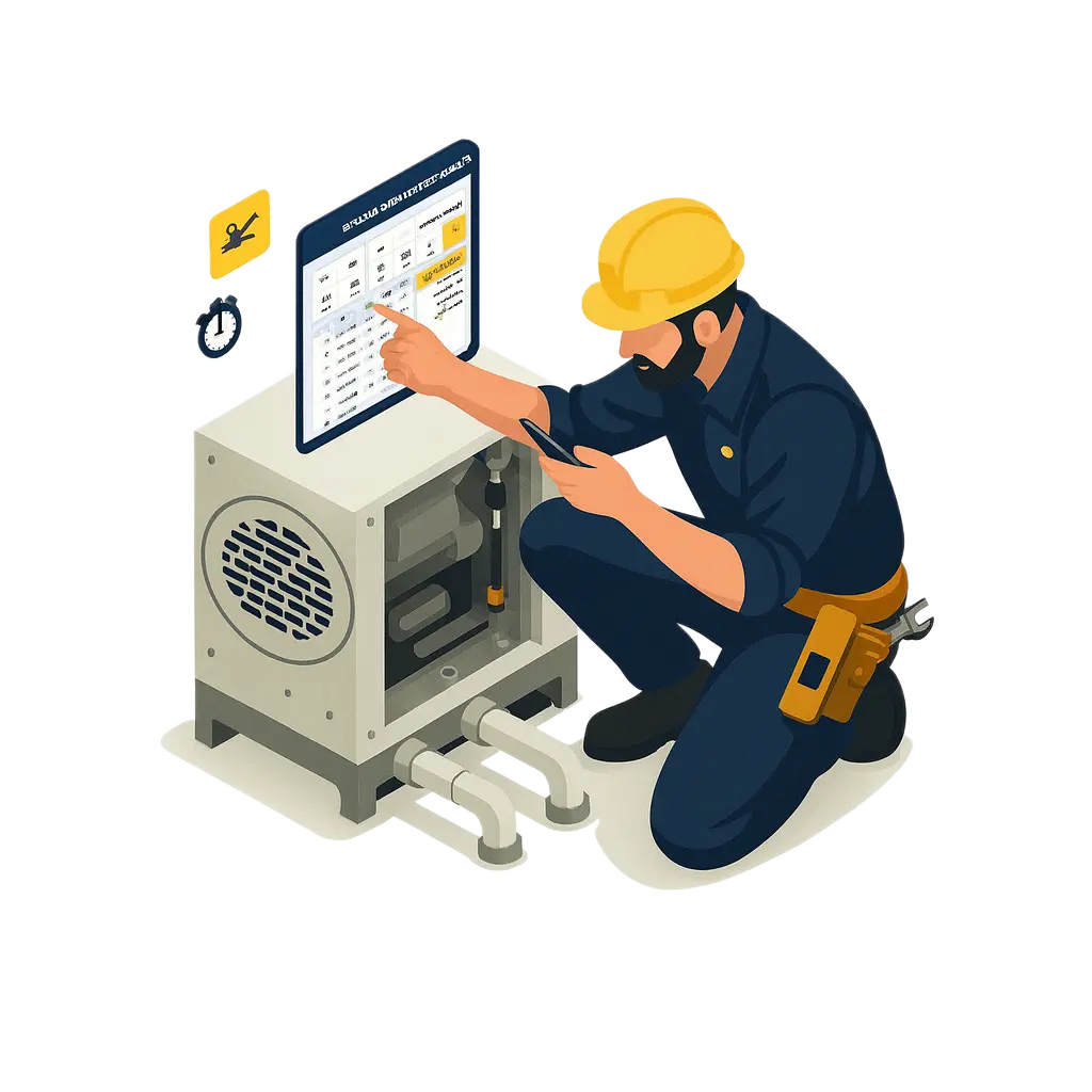 Field technician using Jobsite Master mobile app for equipment maintenance and digital safety checklists.