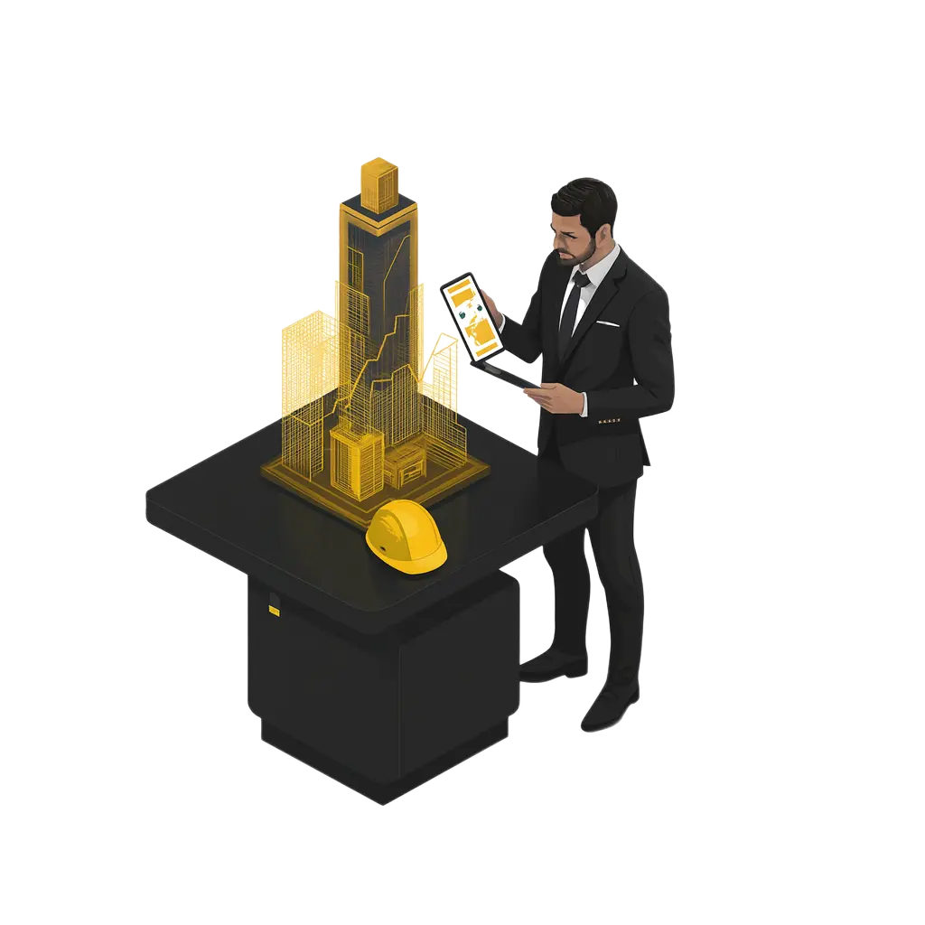 Executive construction manager reviewing project progress using BIM digital twin and data analytics on tablet.