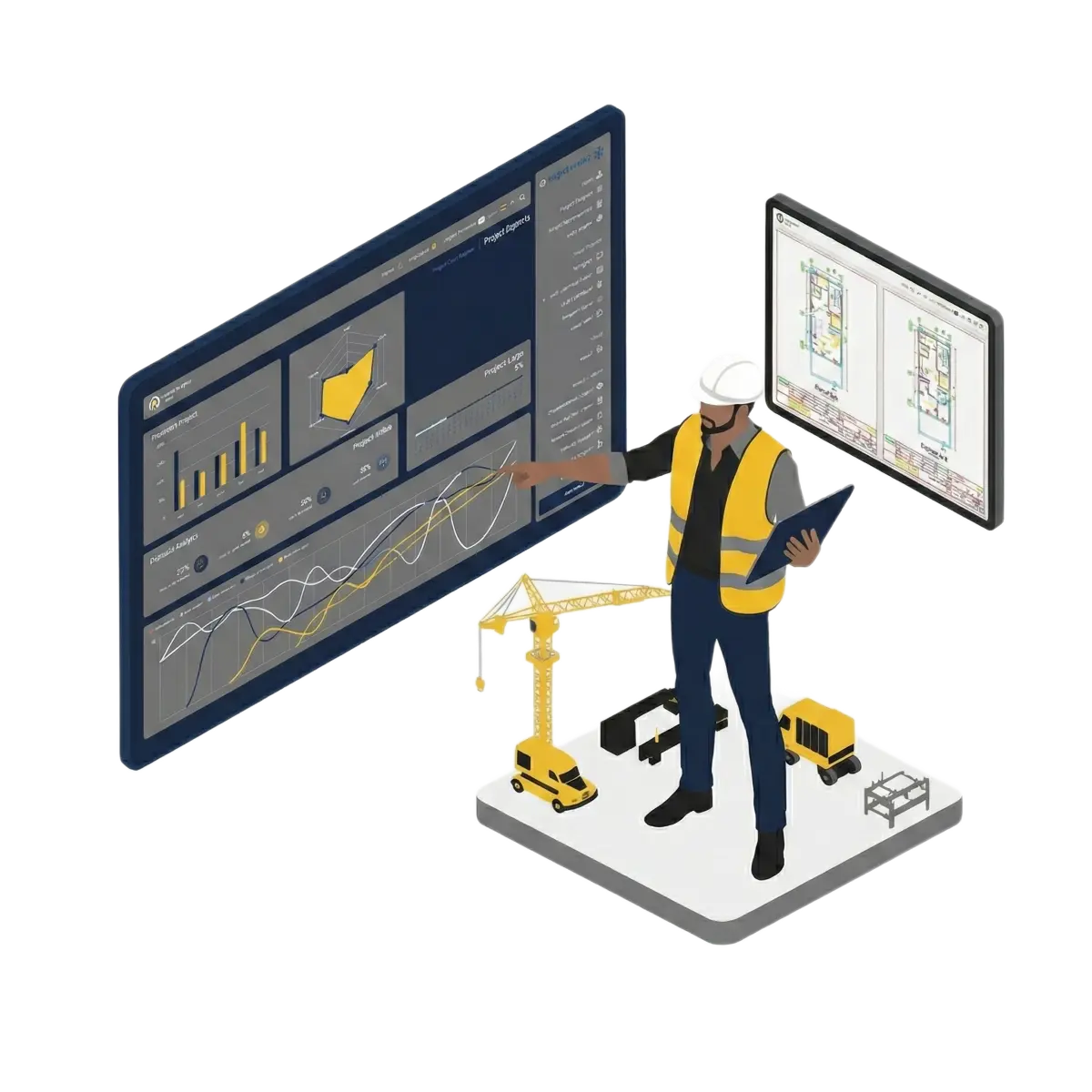 General contractor analyzing construction project performance metrics and data on Jobsite Master digital dashboard.