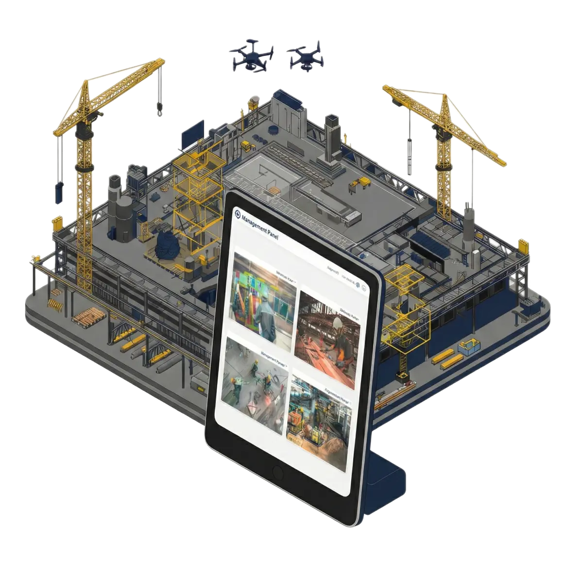 Smart construction site management using drones and a digital dashboard for real-time monitoring.